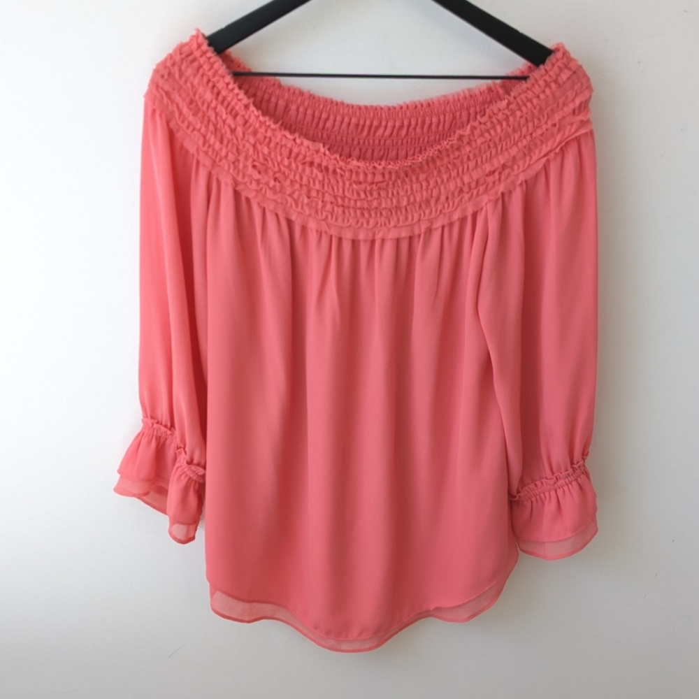 NEW White House Black Market Chiffon Ruffle Sleeve Off Shoulder Blouse